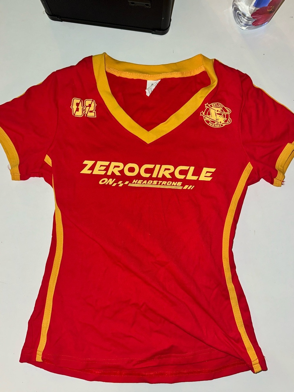 Women's Red Short Sleeve V-Neck Tee with Yellow Trim